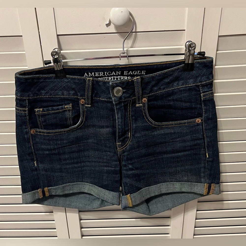American Eagle AE Outfitters Stretch Denim Midi Cuffed Indigo Wash Shorts - SZ 2